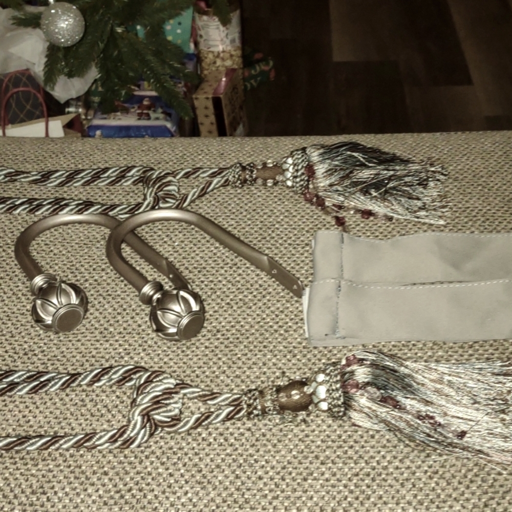 Beautiful teal and grey curtain tiebacks and holders
